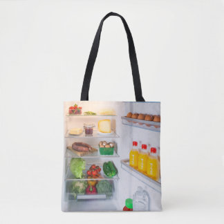 Open koelkast gevuld met voedsel tote bag