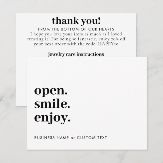 Open Lach Geniet van sieraden Zorg Dank u Business Notitiekaartje (Voorkant / Achterkant)