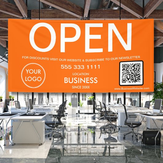 Open Modern Oranje Zakelijk Logo QR Code Spandoek