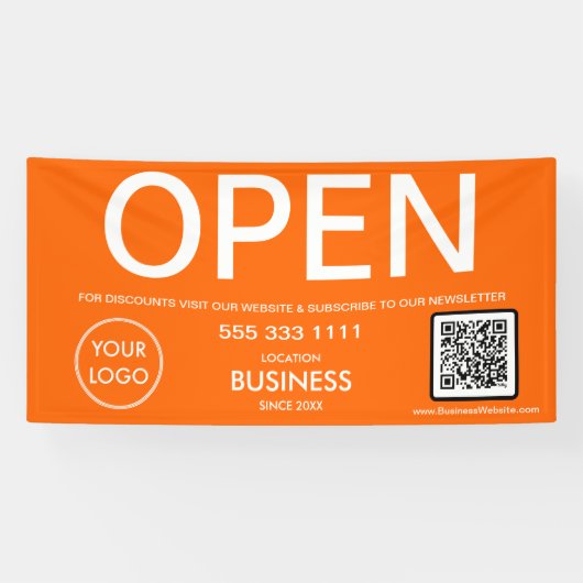 OPEN Moderne Oranje Zakelijke Logo QR Code Spandoek (Horizontaal)