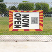 Open nu Teken met logo en starburst Spandoek (Insitu)