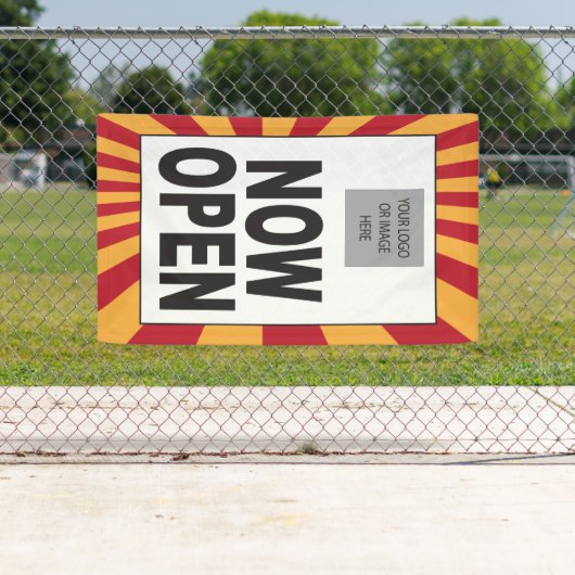 Open nu Teken met logo en starburst Spandoek (Insitu)
