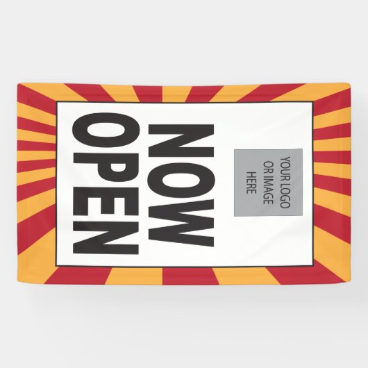 Open nu Teken met logo en starburst Spandoek (Horizontaal)