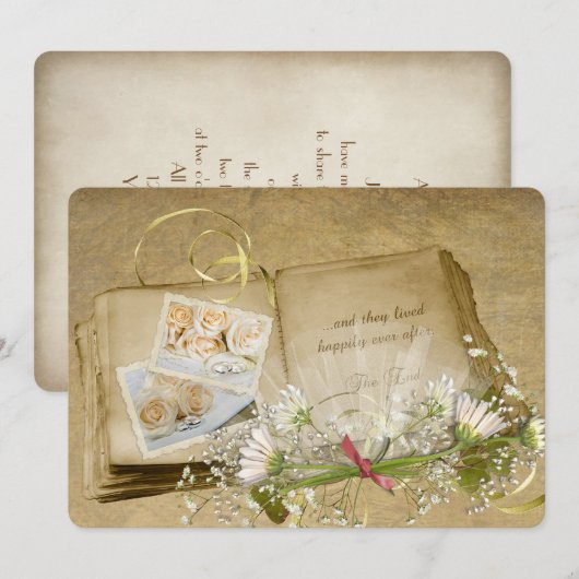open oud trouwboek met bridal bouquet kaart (Voorkant / Achterkant)
