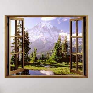 Open raam bij Mt. Rainier Poster