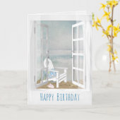 Open raam en strandstoel scène verjaardag kaart (Gele Bloem)