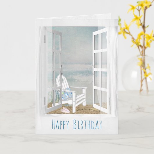 Open raam en strandstoel scène verjaardag kaart (Gele Bloem)