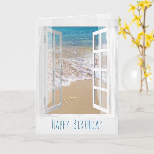 Open raam en zeesterren oceaan scene kaart (Gele Bloem)