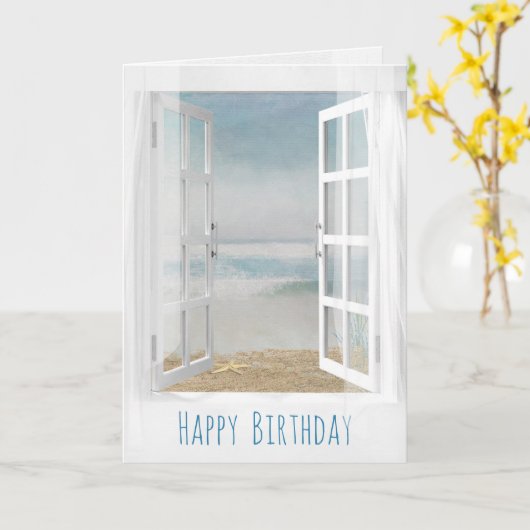 Open raam en zeesterren oceaan scene waterverf kaart (Gele Bloem)