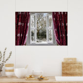 Open raam met uitzicht naar een sneeuwwinterscène poster (Keuken)