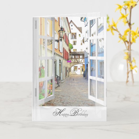 open raam uitzicht van de oude Oostenrijkse verjaa Kaart (Gele Bloem)