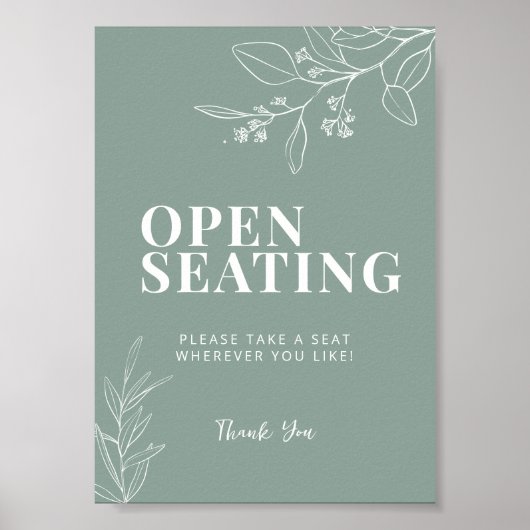Open Seating Sage Green Wedding Sign Poster (Voorkant)
