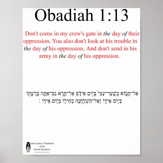 Open Source Translation Obadiah 1:13 Poster (Voorkant)