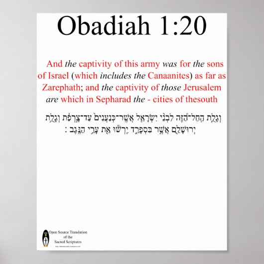 Open Source Translation Obadiah 1:20 Poster (Voorkant)
