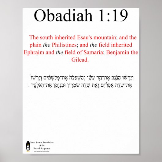 Open Source Vertaling Obadiah 1:19 Poster (Voorkant)