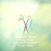 Open uren voor schaar- en komkommerwitte Blauwgroe Raamsticker (Vel 3)