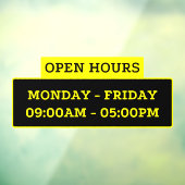 Open-uurteken op de glazen deur raamsticker