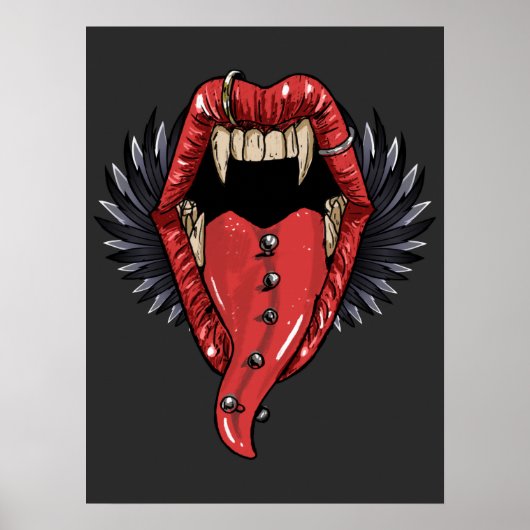 Open Vampire Mouth With Red Lips And Long Fangs Poster (Voorkant)