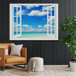 Open Venster bij de Beach Poster<br><div class="desc">Beautiful watercolor brush rendition of the crystal blue water and equally brilliant blue skies out the open window at your beach vacation villa.</div>