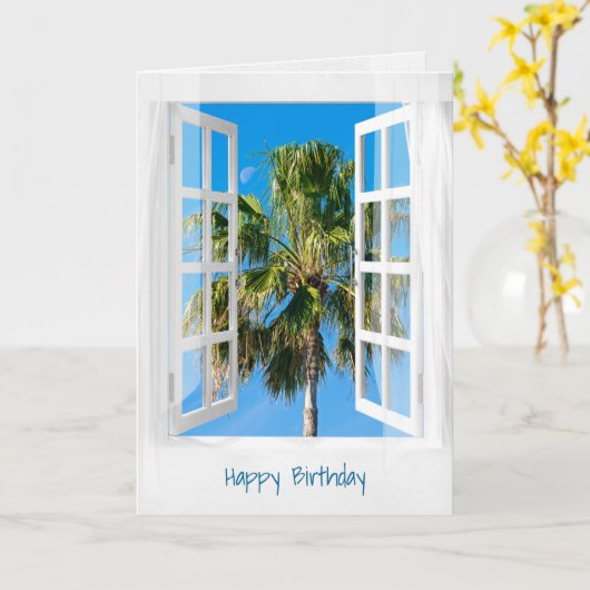 Open venster en palmboom kaart (Gele Bloem)