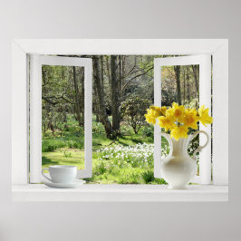 Open Venster op Woodland Scene met Daffodils Poster