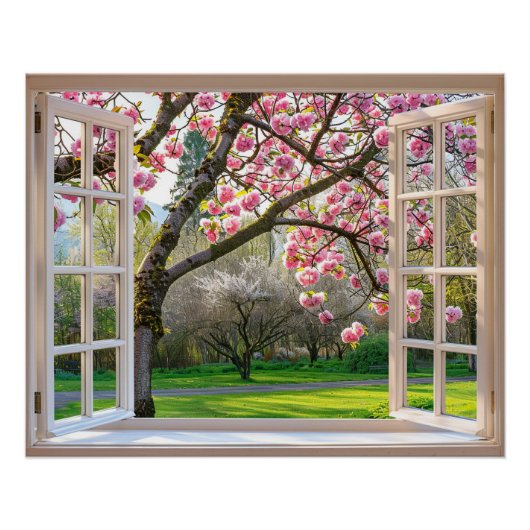 Open venster Roze Magnolia boom Perfect Poster (Voorkant)