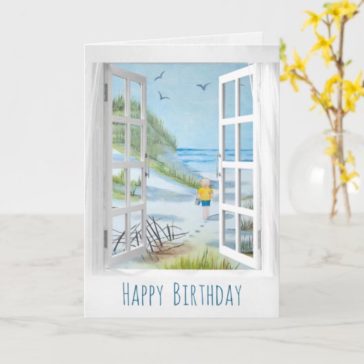 Open venster Seashore Scene Verjaardag Kaart (Gele Bloem)