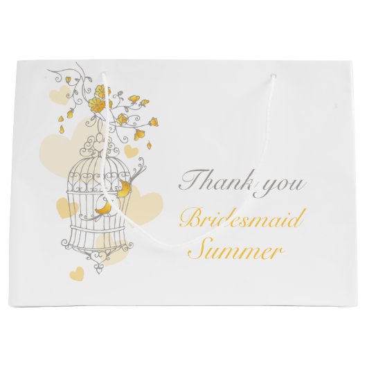 Open vogelkooi geel grijs bruiloft gunstzak groot cadeauzakje (Voorkant)