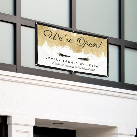 Open voor Business Gold Black Eyelash Beauty Salon Spandoek (Buitenkant Gebouw)