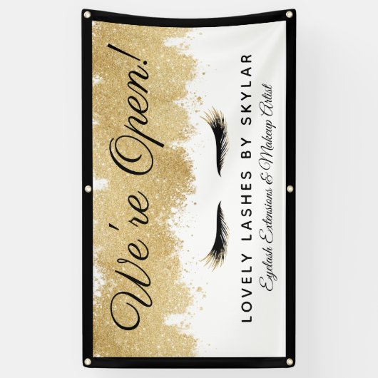 Open voor Business Gold Black Eyelash Beauty Salon Spandoek (Verticaal)
