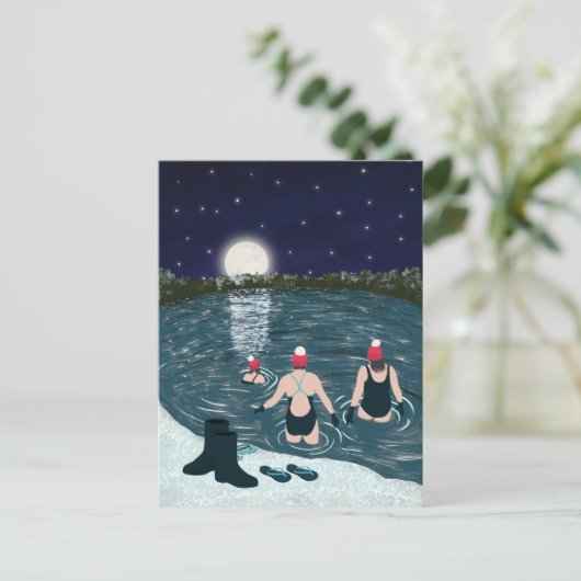 Open water swimming in a lake with snow Christmas Feestdagenkaart (Staand voorkant)