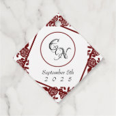 Open-werk monogram wit-bordeaux bruiloft bedankjes labels (Voorkant)