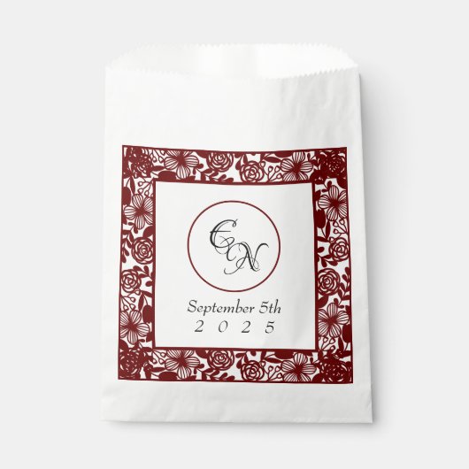 Open-werk monogram wit-bordeaux bruiloft bedankzakje (Voorkant)