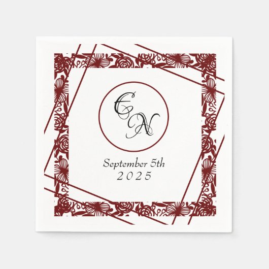 Open-werk monogram wit-bordeaux bruiloft servet (Voorkant)