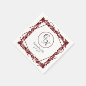 Open-werk monogram wit-bordeaux bruiloft servet (Hoek)