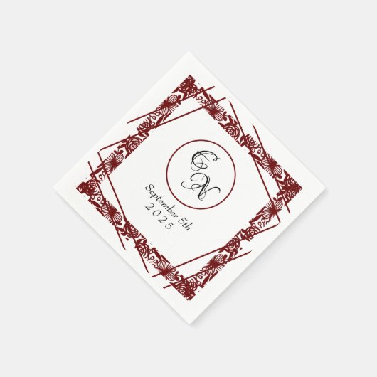 Open-werk monogram wit-bordeaux bruiloft servet (Hoek)