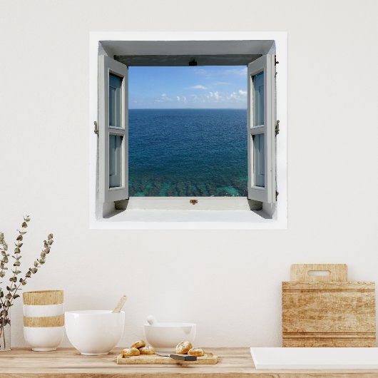 Open Window Blue Ocean Zee Uitzicht Poster (Keuken)