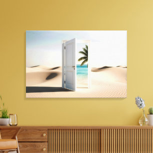 Open woestijndeur met tropische oase canvas afdruk