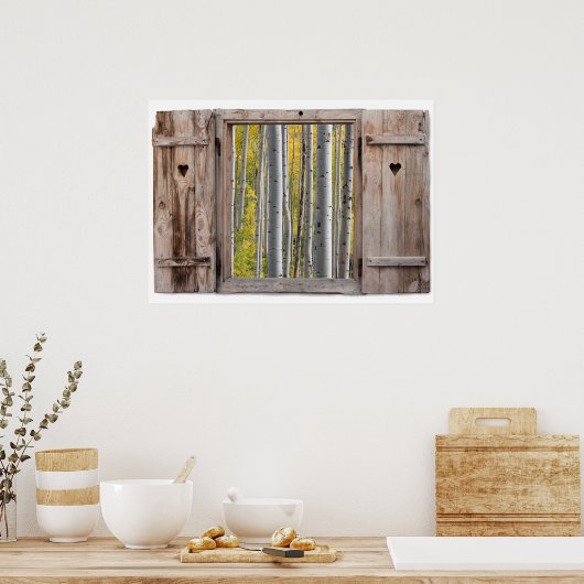 Open Wooden Window Birch Forest Uitzicht Poster (Keuken)