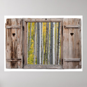 Open Wooden Window Birch Forest Uitzicht Poster