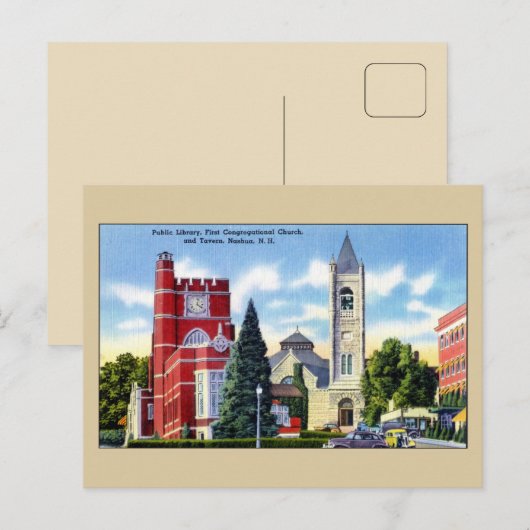 Openbare bibliotheek, kerk, Tavern, Nashua NH Briefkaart (Voorkant / Achterkant)