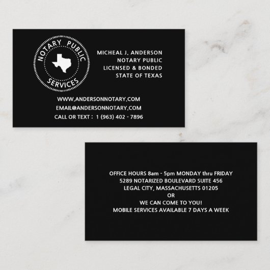 Openbare diensten van de notaris van Texas Visitekaartje (Voorkant / Achterkant)