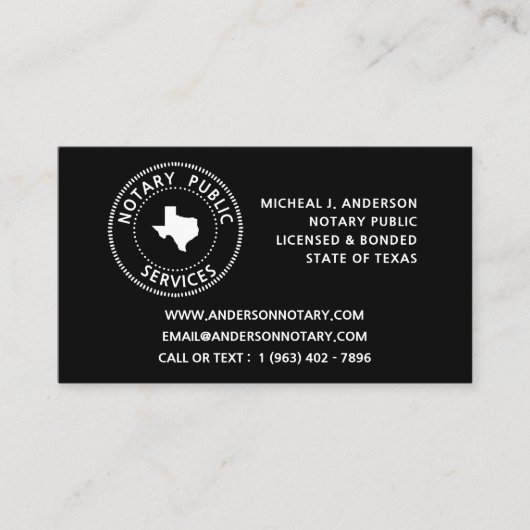 Openbare diensten van de notaris van Texas Visitekaartje (Voorkant)
