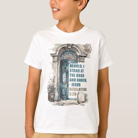 Openbaring 3:20 Ik sta aan de deur en klop T-shirt (Voorkant)