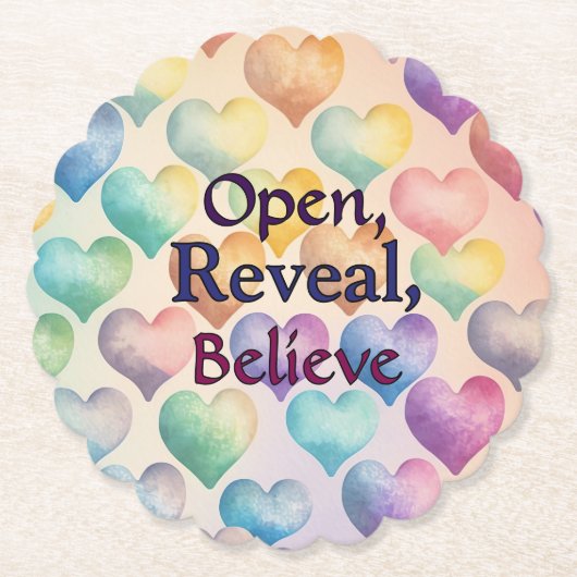 Openen, onthullen, geloven kartonnen onderzetters (Voorkant)