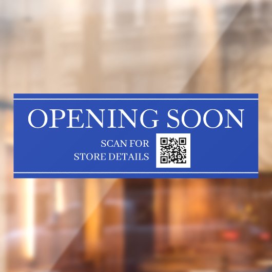 OPENEN SOON Sign, QR Code, Bericht, Dp Blue/White Raamsticker (Vel 2)