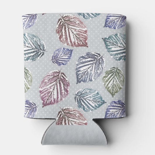 Opengewerkte bladeren op een lichtgrijze achtergro blikjeskoeler (Achterkant)