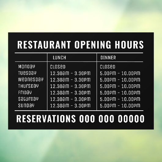 Opening Lunch & Dinner Hours Restaurant Raamsticker (Vel 3)
