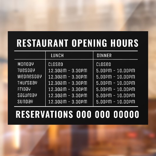 Opening Lunch & Dinner Hours Restaurant Raamsticker (Vel 2)