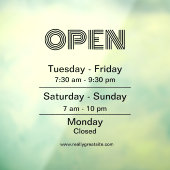 Opening Werkuren Zwarte Script Transparant  Raamsticker (Vel 3)